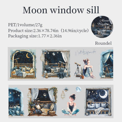 Night Scenery PET Die Cut Tape | Girl Night Window Stickers | Junk Journal Planner Bullet Journal Collage Craft Scrapbooking Supplies