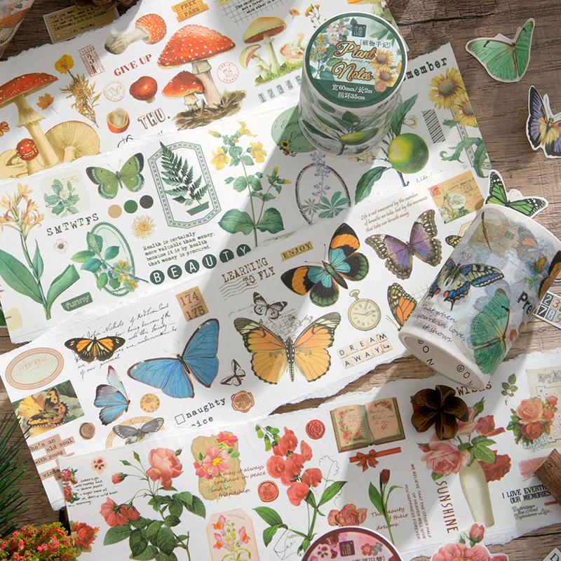 Retro Wonderland of Flowers Butterfly Washi Tape | Plant Mushroom Tape | Decorative Tapes | Planner Bullet Journal Craft Collage Supplies