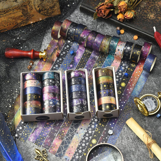 Universe-themed Washi Tape Set | Star Moon Horoscope Galaxy | Gold Sliver Foil | Decorative Tape for Bullet Journal Planner Crafts