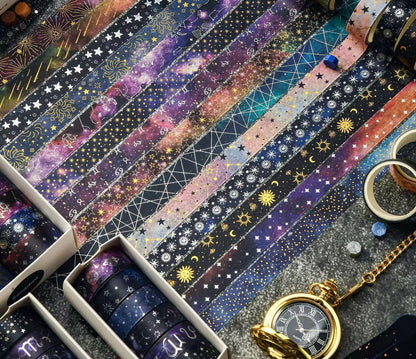 Universe-themed Washi Tape Set | Star Moon Horoscope Galaxy | Gold Sliver Foil | Decorative Tape for Bullet Journal Planner Crafts