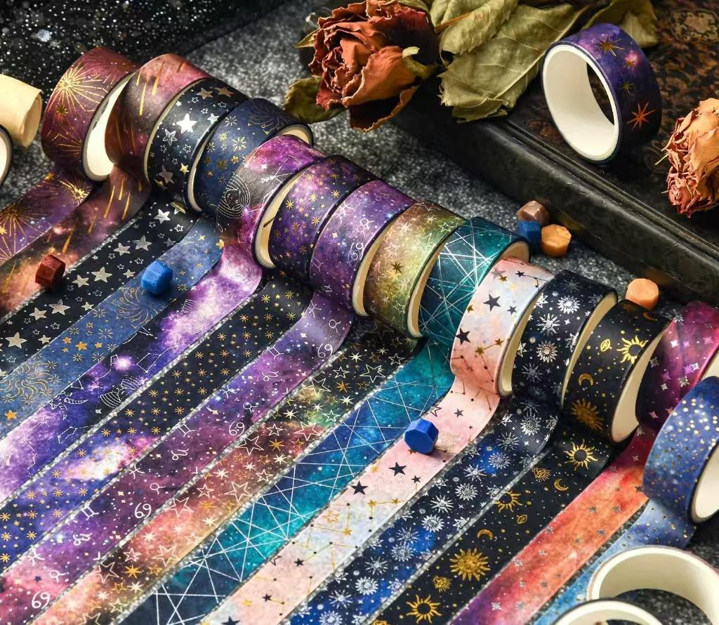 Universe-themed Washi Tape Set | Star Moon Horoscope Galaxy | Gold Sliver Foil | Decorative Tape for Bullet Journal Planner Crafts