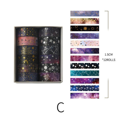 Universe-themed Washi Tape Set | Star Moon Horoscope Galaxy | Gold Sliver Foil | Decorative Tape for Bullet Journal Planner Crafts