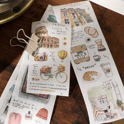 Hand-drawn Life Aesthetics Washi Tape | Travel Coffee Bread Building | Planner Journal Decorative Tape | Craft Scrapbooking Supplies