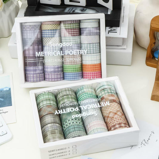 32 Rolls Creamcolor Plaid Washi Tape Set | Basic Japanese Washi Tape | Decorative Tapes | Planner Bullet Journal Collage Supplies