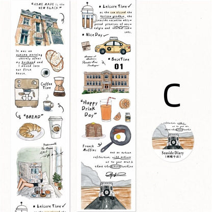 Hand-drawn Life Aesthetics Washi Tape | Travel Coffee Bread Building | Planner Journal Decorative Tape | Craft Scrapbooking Supplies