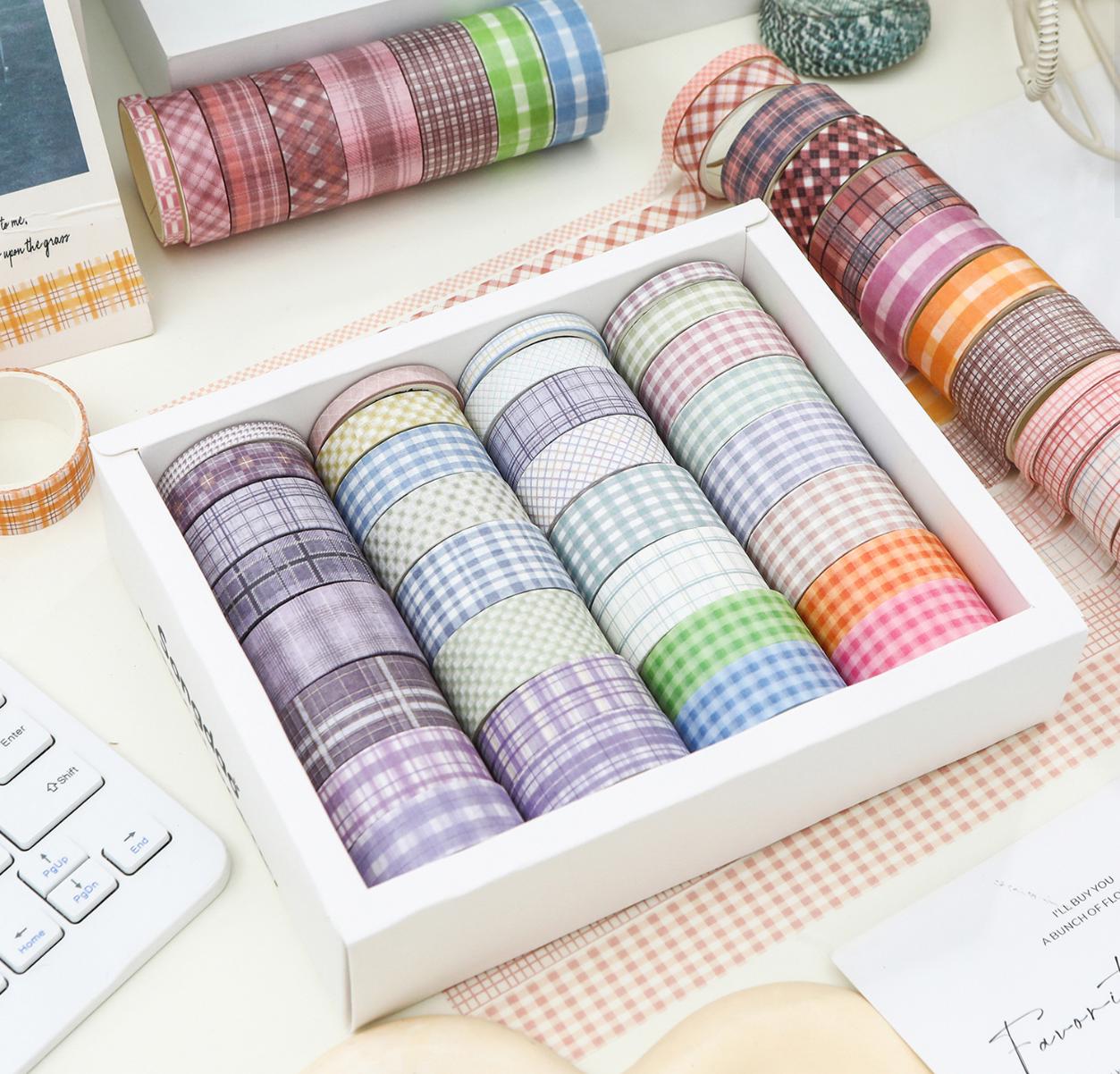 32 Rolls Creamcolor Plaid Washi Tape Set | Basic Japanese Washi Tape | Decorative Tapes | Planner Bullet Journal Collage Supplies