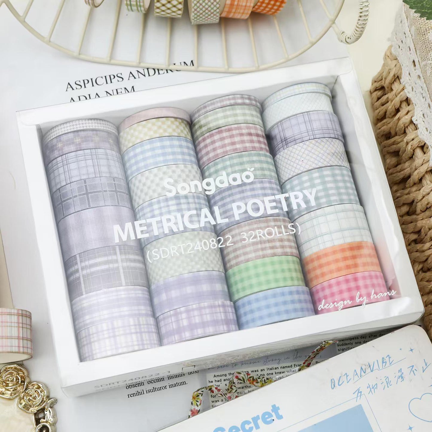 32 Rolls Creamcolor Plaid Washi Tape Set | Basic Japanese Washi Tape | Decorative Tapes | Planner Bullet Journal Collage Supplies