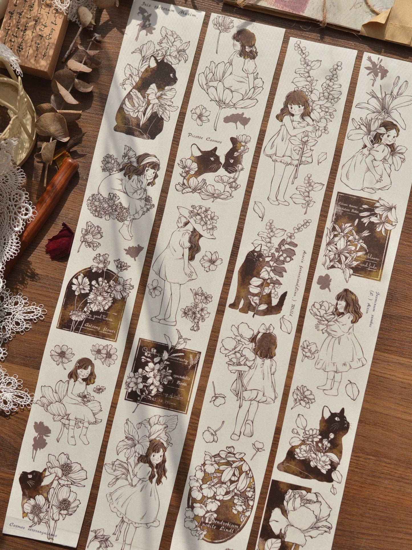 Retro Cute Girl Floral Washi Tape | PET Tape | Junk Journal Kit | Deco Stickers for Planner | Planner Journal Scrapbooking Supplies