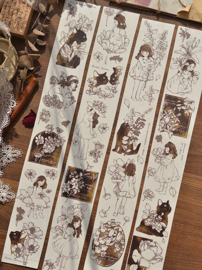 Retro Cute Girl Floral Washi Tape | PET Tape | Junk Journal Kit | Deco Stickers for Planner | Planner Journal Scrapbooking Supplies