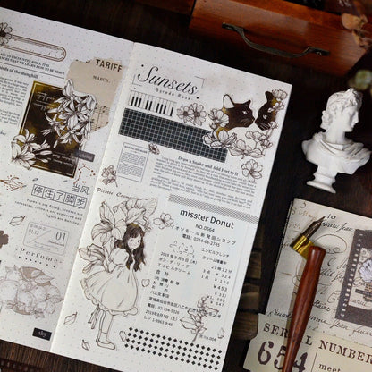 Retro Cute Girl Floral Washi Tape | PET Tape | Junk Journal Kit | Deco Stickers for Planner | Planner Journal Scrapbooking Supplies