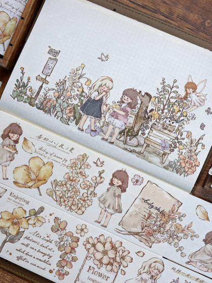 Retro Cute Girl Floral Washi Tape | PET Tape | Junk Journal Kit | Deco Stickers for Planner | Kids Craft | Planner Scrapbooking Supplies