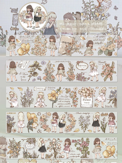 Retro Cute Girl Floral Washi Tape | PET Tape | Junk Journal Kit | Deco Stickers for Planner | Kids Craft | Planner Scrapbooking Supplies