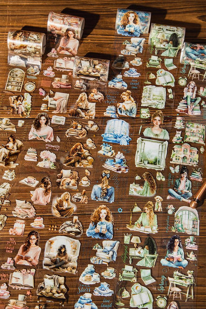 Reading Girl PET Tape | Character Life Aesthetics Planner Decorative Tape | Masking Tape | Bookworm Booklover Gift | Collage Junk Journal