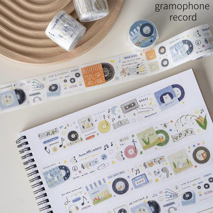 Cute Handdrawn Gramophone Record Retro Life Tape | Planner Tape | Decorative Washi Tape | Journal Scrapbooking Collage Supplies