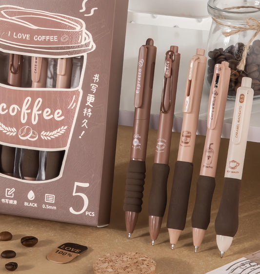 5pcs Coffee Lover Black Gel Pens | ST Smooth Writing Pens | Aesthetic Pen Set | Cute Kawaii Planner School Office Study Pens Stationery