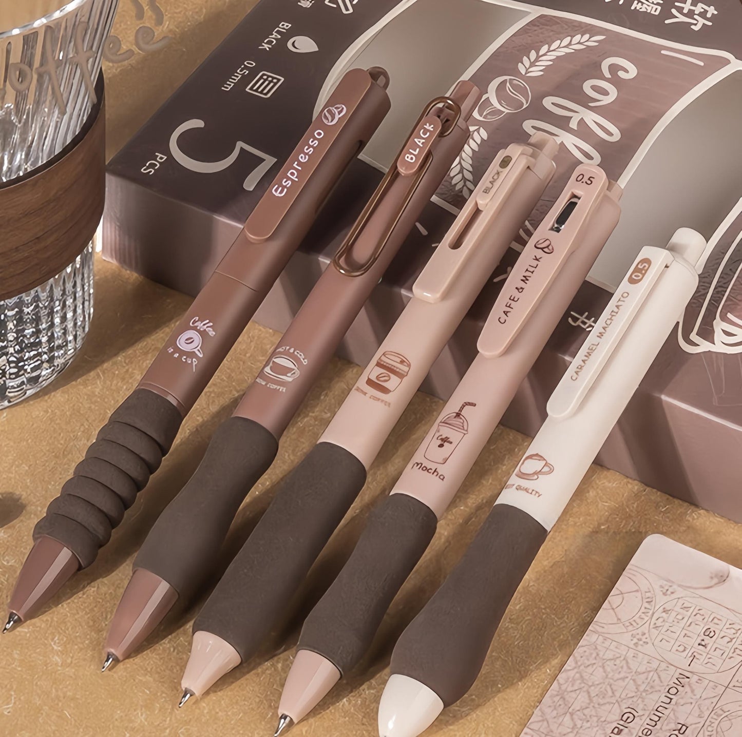5pcs Coffee Lover Black Gel Pens | ST Smooth Writing Pens | Aesthetic Pen Set | Cute Kawaii Planner School Office Study Pens Stationery