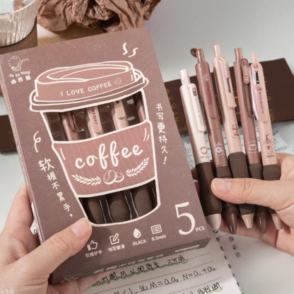 5pcs Coffee Lover Black Gel Pens | ST Smooth Writing Pens | Aesthetic Pen Set | Cute Kawaii Planner School Office Study Pens Stationery