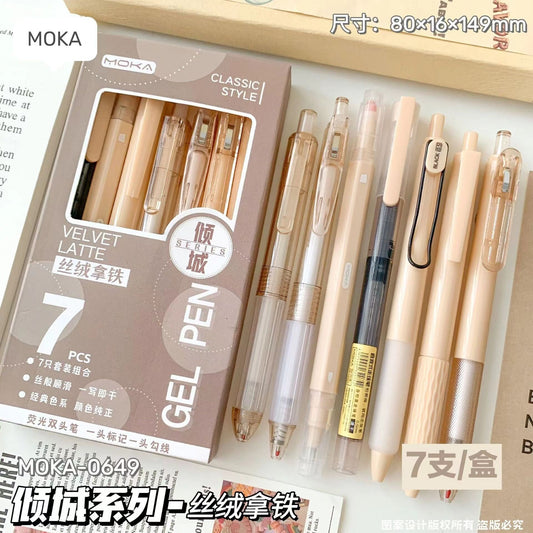 7pcs Kawaii Black Ink Gel Pen Set | Aesthetic Pens Highlighter | Cute Planner Journal Study School Office Back to School Supplies Stationery