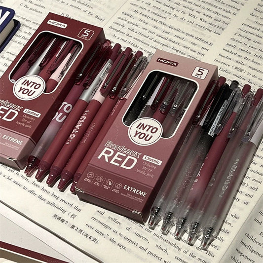 5pcs Bordeaux Red Black Gel Pens | Smooth Writing Pens | Aesthetic Pen Set | Cute Kawaii Planner School Office Study Pens Stationery