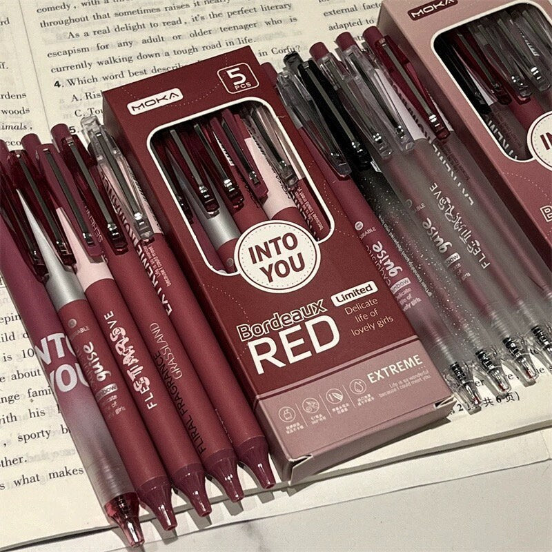 5pcs Bordeaux Red Black Gel Pens | Smooth Writing Pens | Aesthetic Pen Set | Cute Kawaii Planner School Office Study Pens Stationery