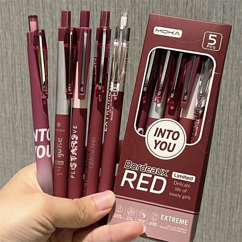 5pcs Bordeaux Red Black Gel Pens | Smooth Writing Pens | Aesthetic Pen Set | Cute Kawaii Planner School Office Study Pens Stationery