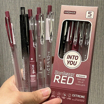 5pcs Bordeaux Red Black Gel Pens | Smooth Writing Pens | Aesthetic Pen Set | Cute Kawaii Planner School Office Study Pens Stationery