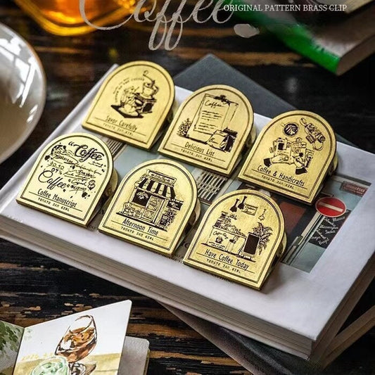 Retro Coffee Themed Brass Clips | Strong Paper Clip | Traveler's Notebook TN | Journal Scrapbooking Notebook Planner Accessories Supplies