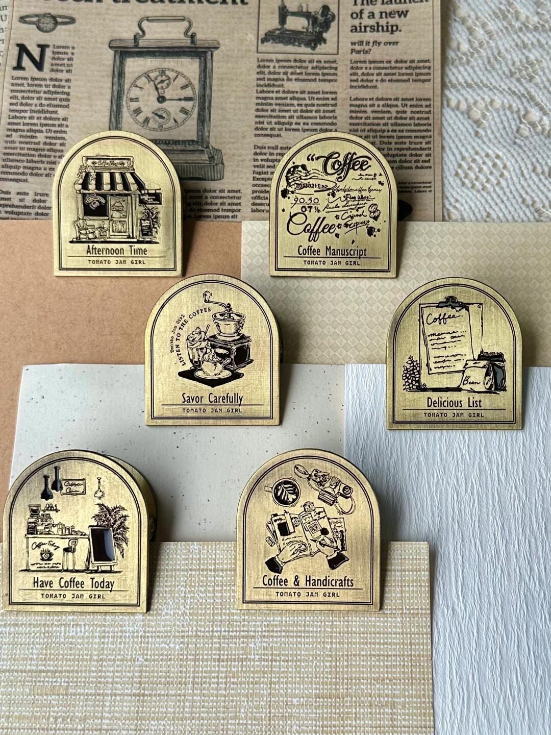 Retro Coffee Themed Brass Clips | Strong Paper Clip | Traveler's Notebook TN | Journal Scrapbooking Notebook Planner Accessories Supplies