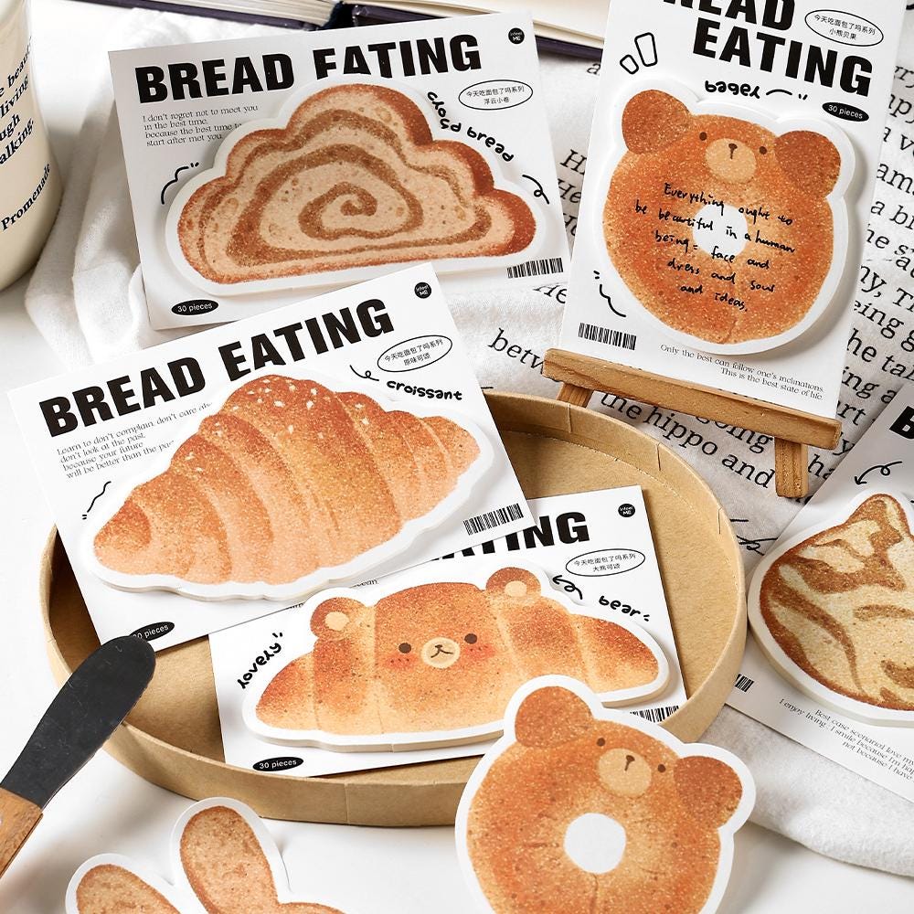 Cute Toast Croissant Bagel Bread Sticky Notes | Kawaii Cat Bear Rabbit Sticky Notes | Planner Journal School Study Office Supplies