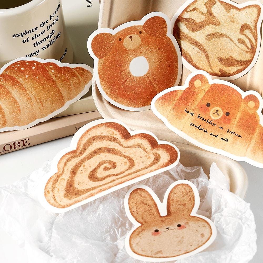 Cute Toast Croissant Bagel Bread Sticky Notes | Kawaii Cat Bear Rabbit Sticky Notes | Planner Journal School Study Office Supplies