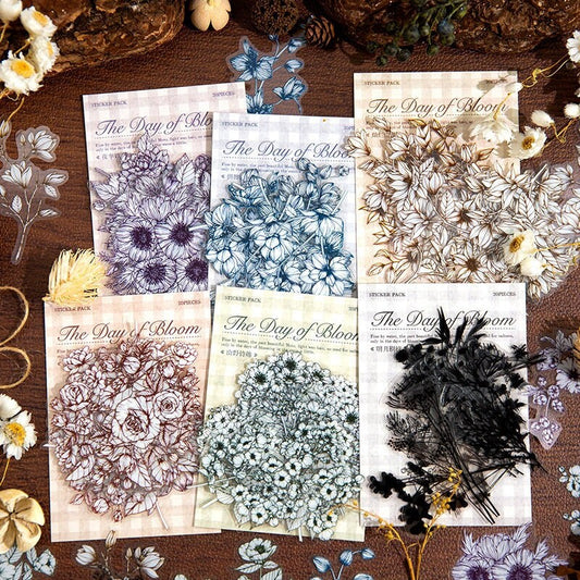The Day of Bloom Sticker Pack / 60pcs Flower Sticker Pack / Floral Botanical / Planner Stickers / Retro Stickers