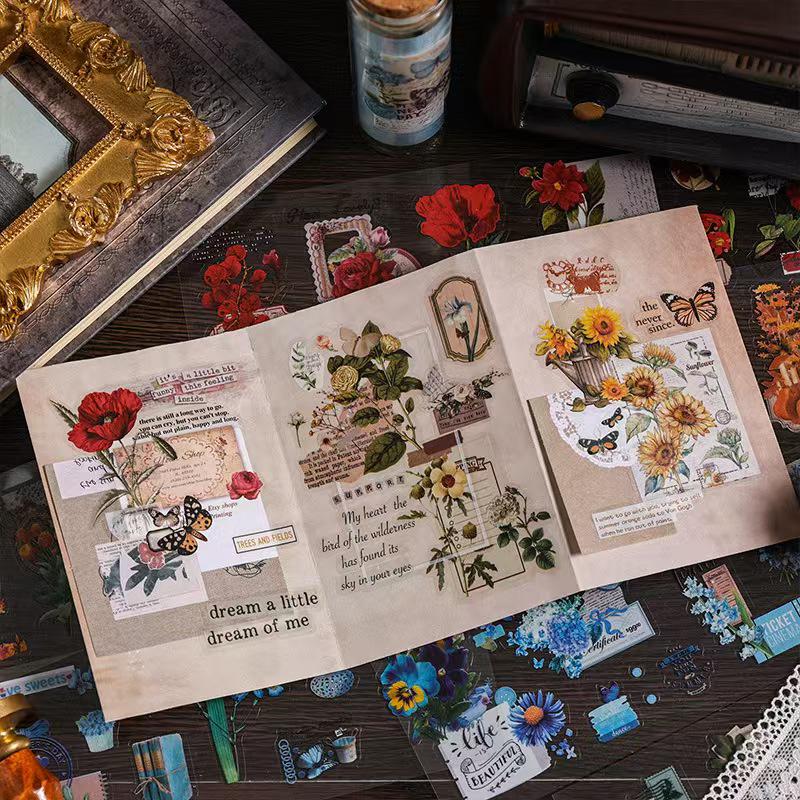Retro Flower Nature PET Sticker Sheets | Plants Flowers Sticker | Junk Journal Stickers | Scrapbooking Craft Bullet Journal Supplies