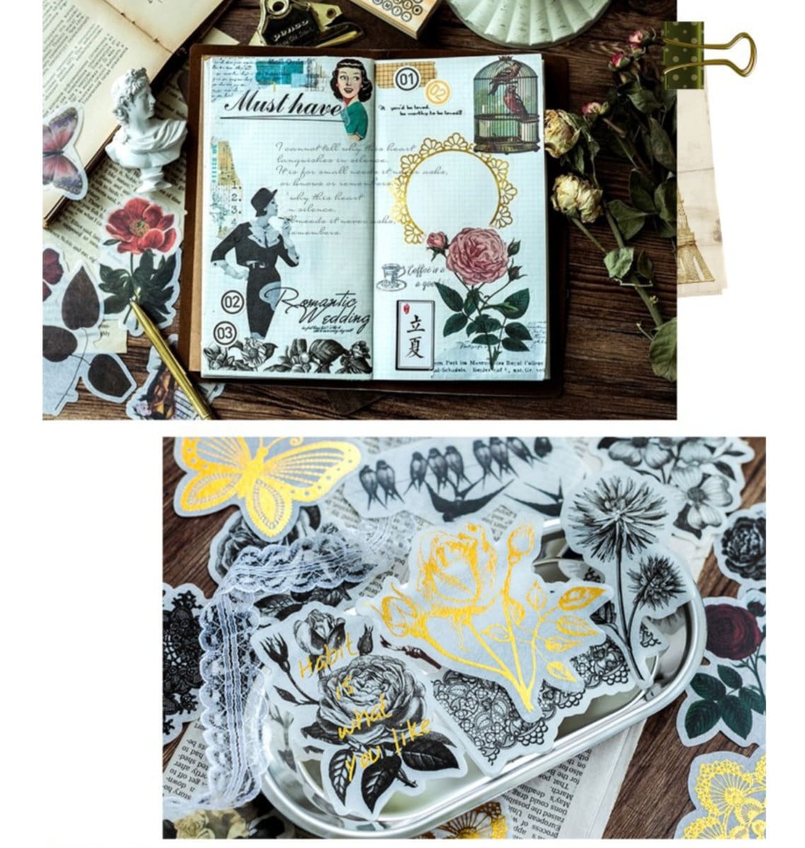 60pcs Gold Foil Flower and Leaves Sticker Pack / Floral Botanical /  Stickers / Planner Sticker Set