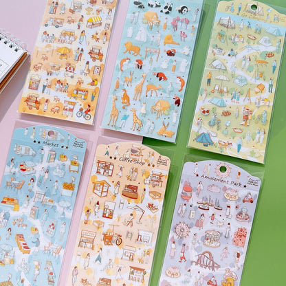 Nekoni Korean Market Zoo Coffee Shop Camping Life Stickers | Kawaii Scenes of Life Planner Stickers Junk Journal Scrapbooking Supplies