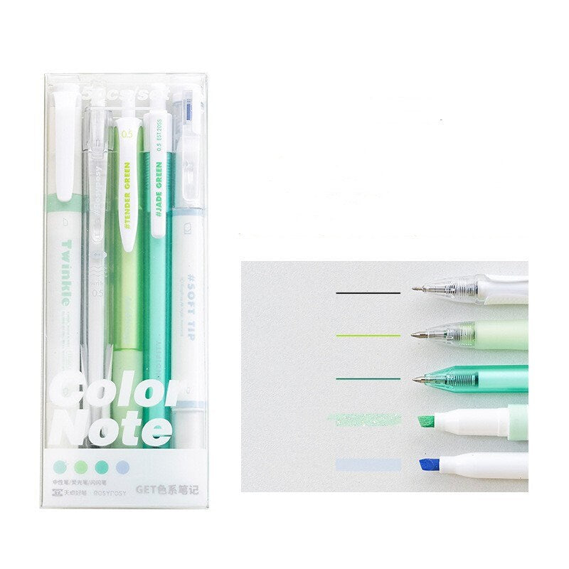 5pcs Color Note Pen Set |  Black Gel Ink Pens and Highlithers | Planner Pens | Note Taking | Creative Stationery | School Supplies