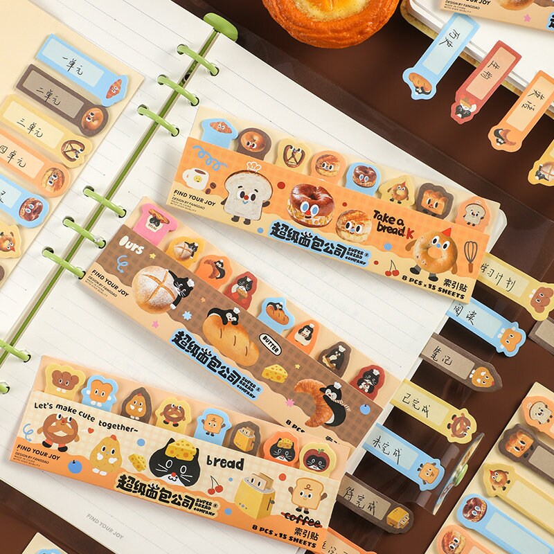 Kawaii Bread and Cat Page Marker | Sticky Notes | Cute Bread Page Flags | Page Markers | Sticky Tabs | Study School Planner Journal Supplies
