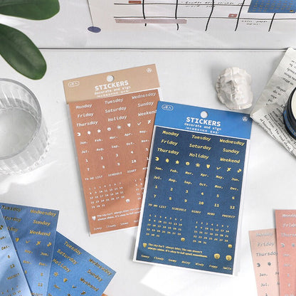 4 Sheets Gold Silver Foil Calendar Stickers | Planner Sticker Pack | BuJo Sticker kit | Functional Stickers