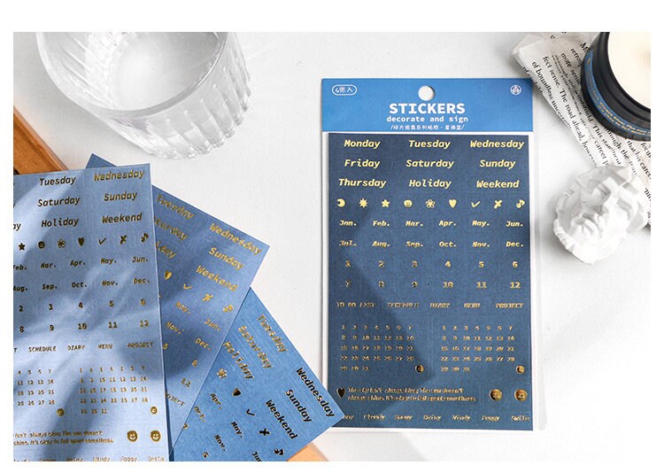 4 Sheets Gold Silver Foil Calendar Stickers | Planner Sticker Pack | BuJo Sticker kit | Functional Stickers