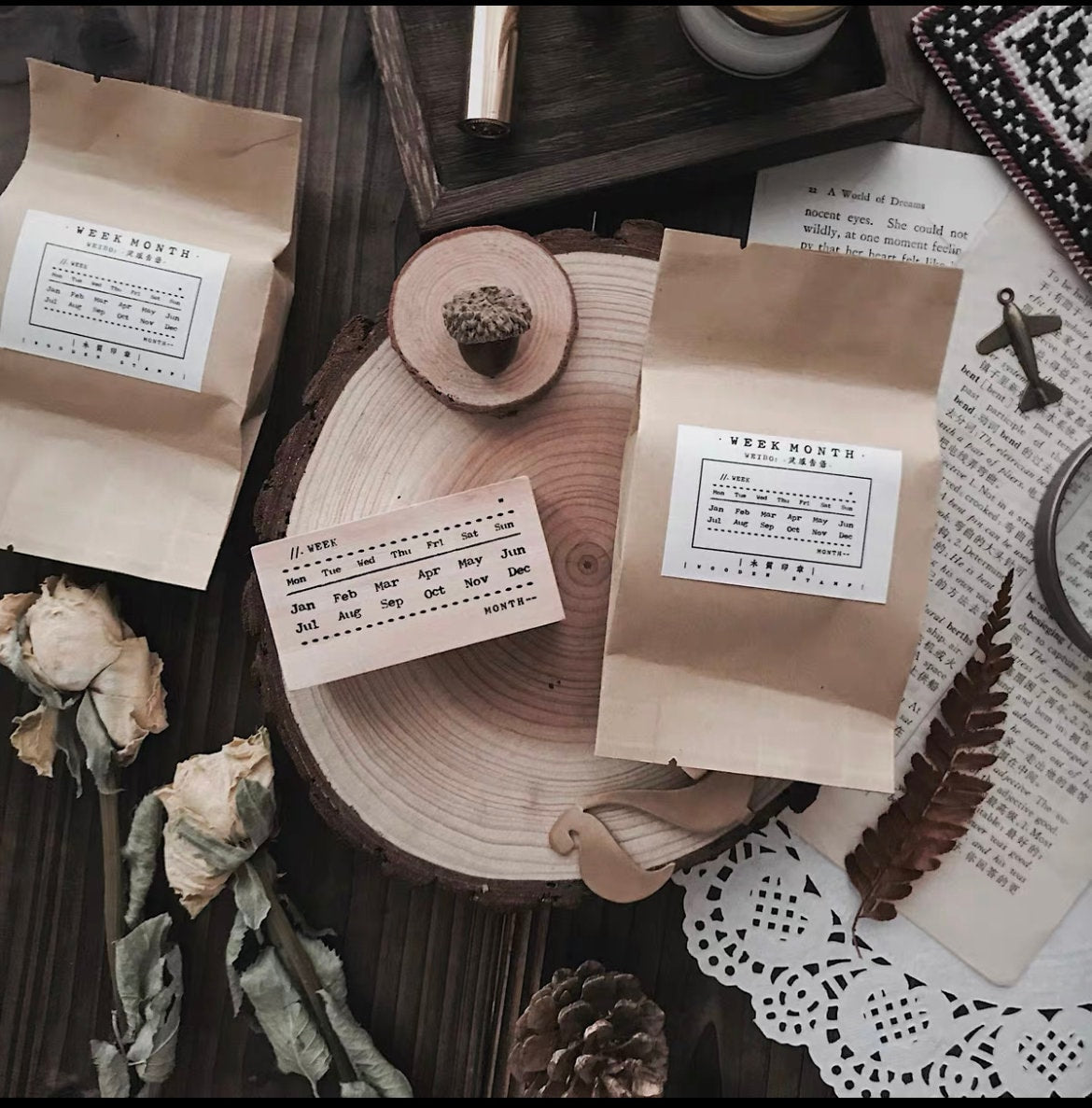 Moon Phase Month Week Rubber Stamp | Wooden Stamp Set | Scrapbooking Stamp | Planner Stamp |  | Midori Traveler’s Notebook