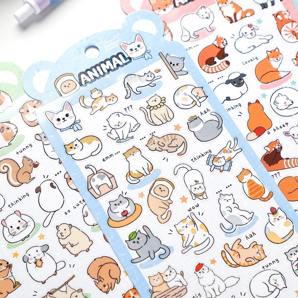 Nekoni Korean Cute Cat Dog Panda Bird Sheep Squirrel Racoon Stickers | Kawaii Animal Planner Stickers Junk Journal Scrapbooking Supplies