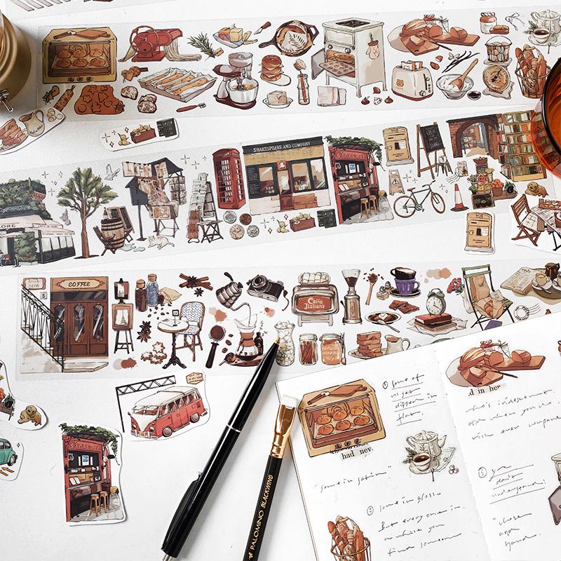 Retro Coffee Dessert Bread Travel PET Sticker | Decorative Stickers | Planner Junk Journal｜ Die Cut Deco Stickers | Scrapbooking Supplies