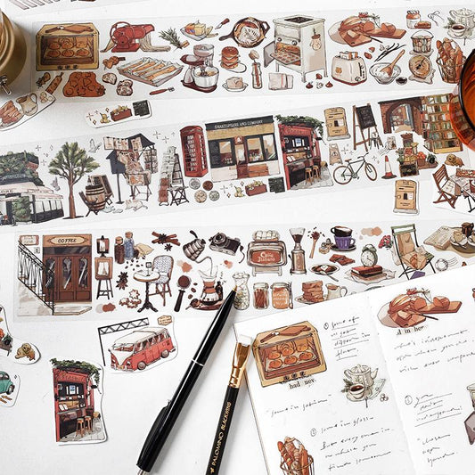 Retro Coffee Dessert Bread Travel PET Sticker | Decorative Stickers | Planner Junk Journal｜ Die Cut Deco Stickers | Scrapbooking Supplies
