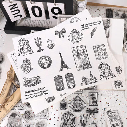 Retro Girl Travel Clear Stamp | Flower Butterfly Mountain Letter Transparent Rubber Stamps | Bullet Journal Planner Accessories Card Making