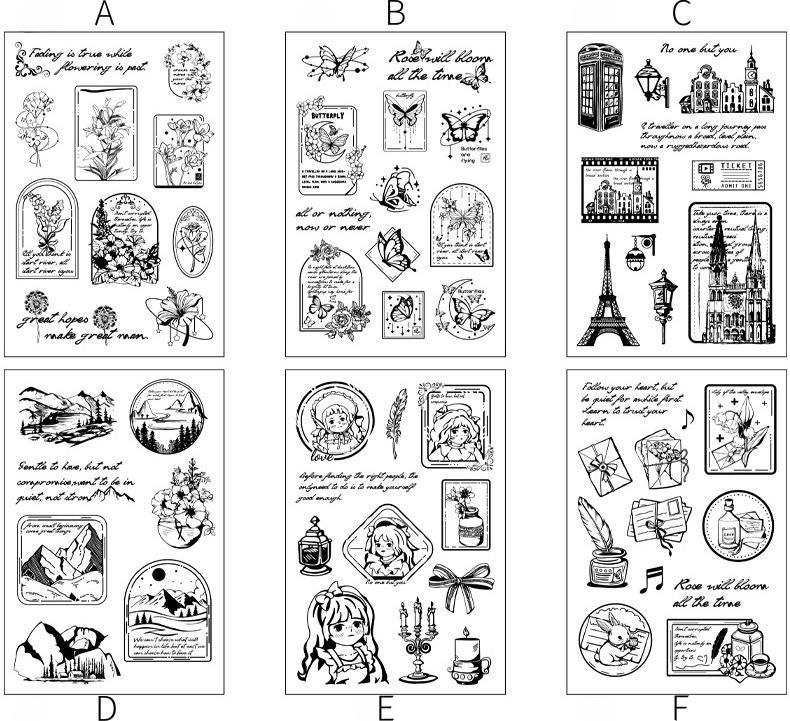 Retro Girl Travel Clear Stamp | Flower Butterfly Mountain Letter Transparent Rubber Stamps | Bullet Journal Planner Accessories Card Making