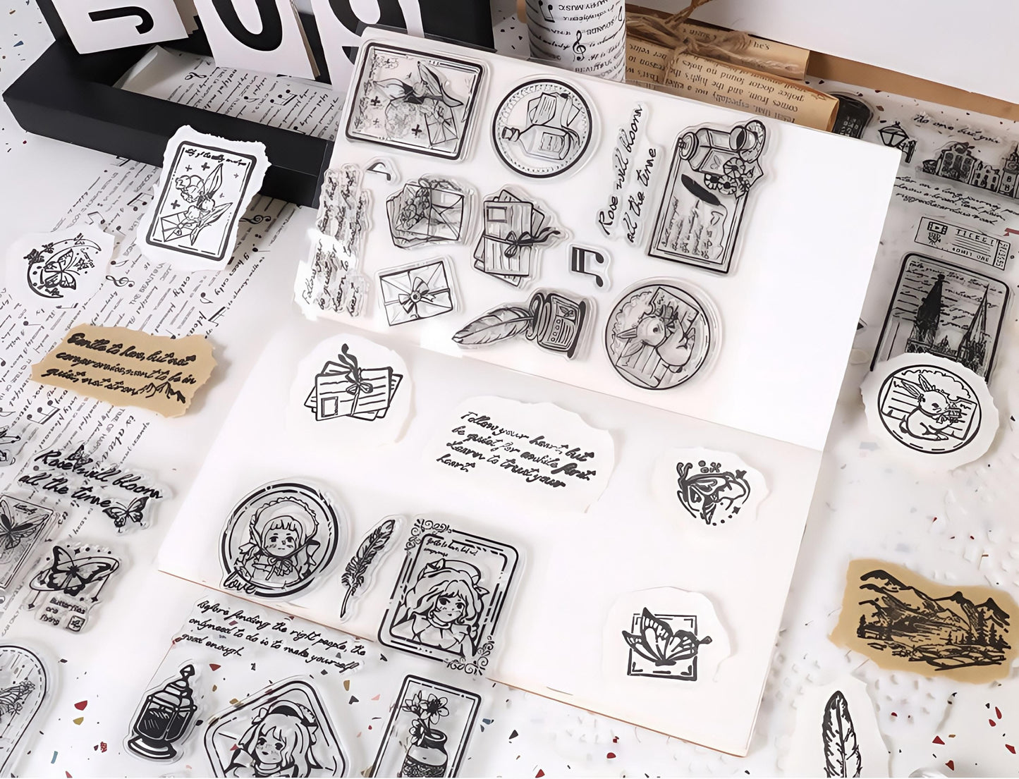 Retro Girl Travel Clear Stamp | Flower Butterfly Mountain Letter Transparent Rubber Stamps | Bullet Journal Planner Accessories Card Making