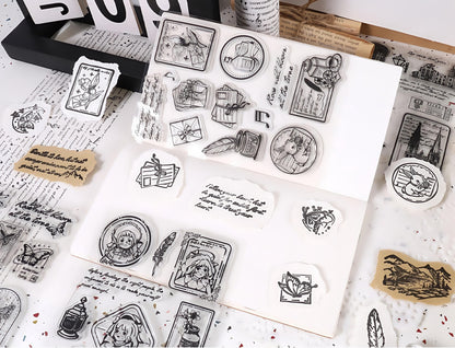 Retro Girl Travel Clear Stamp | Flower Butterfly Mountain Letter Transparent Rubber Stamps | Bullet Journal Planner Accessories Card Making