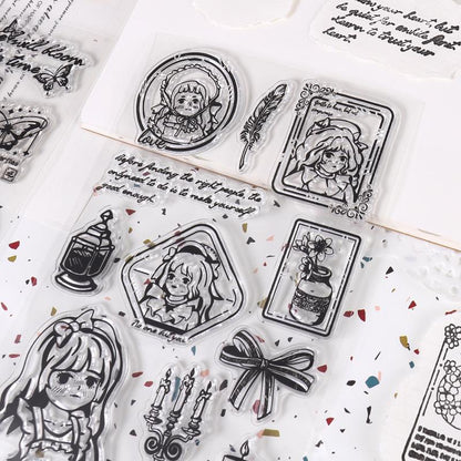 Retro Girl Travel Clear Stamp | Flower Butterfly Mountain Letter Transparent Rubber Stamps | Bullet Journal Planner Accessories Card Making