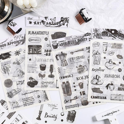 Elegant Black and White Daily Life Art Decorative Stickers | Food Coffee Wine Life Stationery Stickers | Bullet Journal Planner Accessories