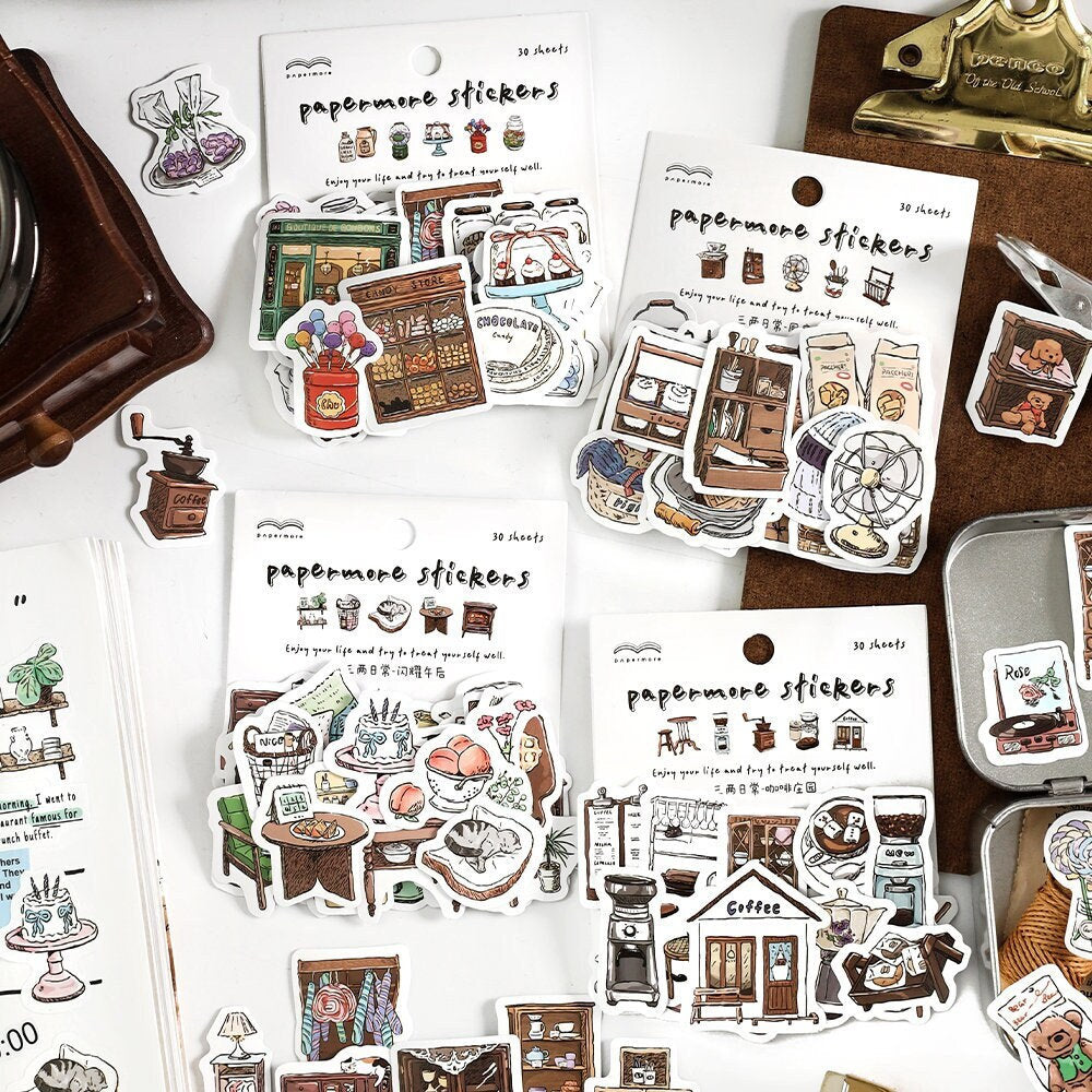 30pcs Retro Handdrawn Life Aesthetics Sticker Pack | Coffee Stickers | Planner Sticker Set | Junk Journal | Die Cut Deco Stickers
