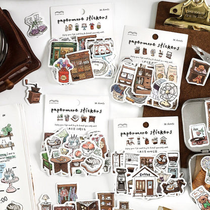 30pcs Retro Handdrawn Life Aesthetics Sticker Pack | Coffee Stickers | Planner Sticker Set | Junk Journal | Die Cut Deco Stickers